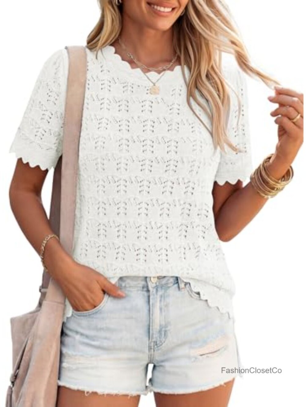 Crochet Eyelet Short Sleeve Knit Sweater Top Lightweight Loose Fit Summer Beach